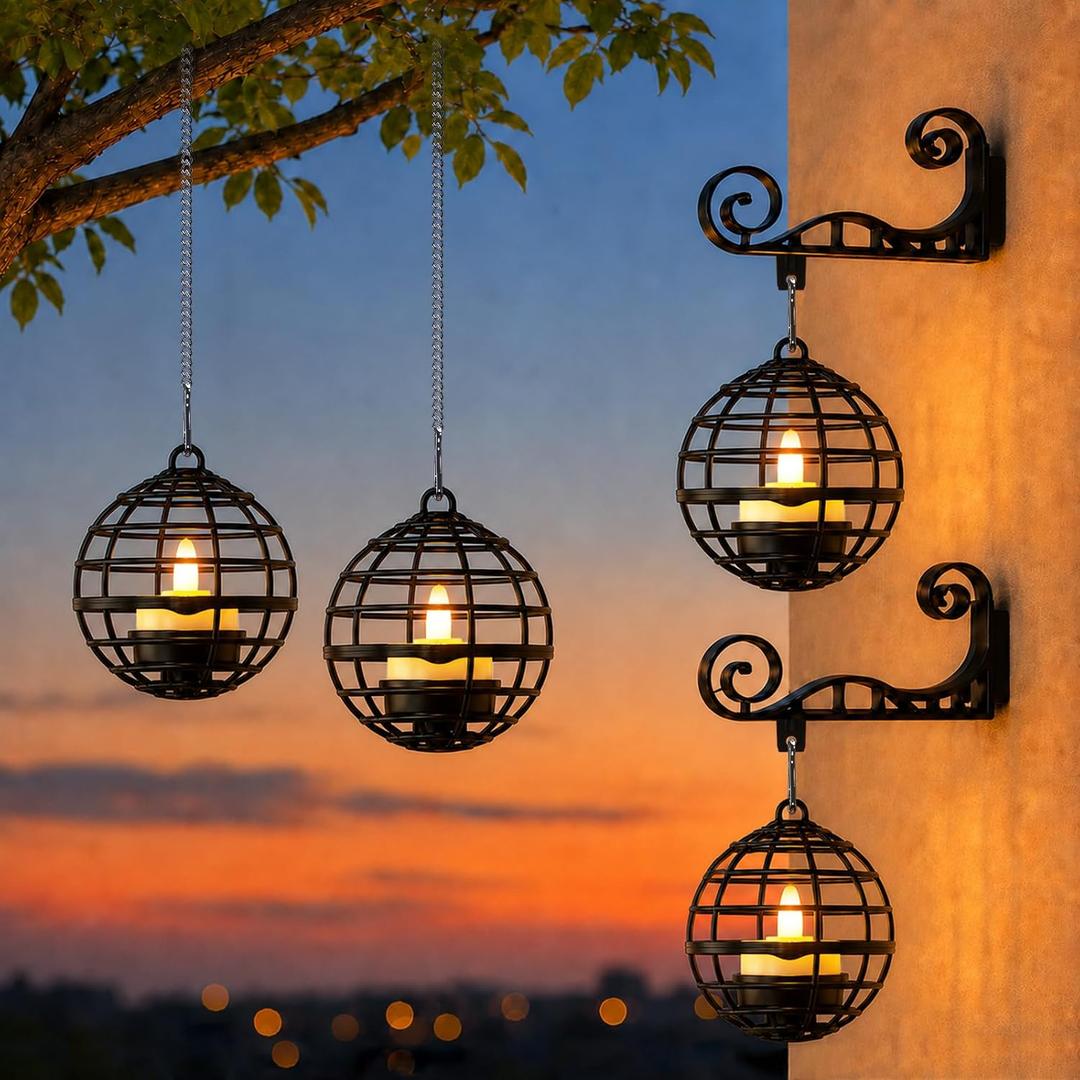 HL Solar Lanterns Outdoor Waterproof, 3-in-1 Plastic Hanging Lantern (Hanging/Standing/Hook), Solar Powered LED Tea Lights Candles for Patio Garden Backyard Tree Fence Porch Deck, Auto On/Off, 4-Pack