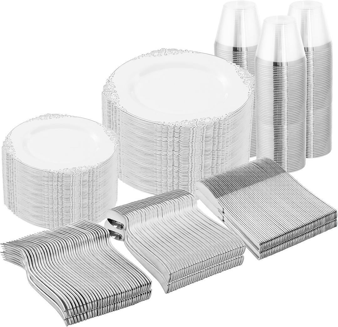 Nervure 600PCS Silver Plastic Dinnerware - White and Silver Disposable Plates for 100 Guests - 200 Disposable Plates, 300 Plastic Silverware and100 Cups for Wedding & Party