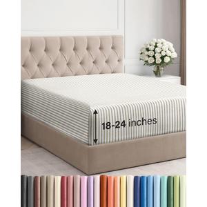 Extra Deep Queen Fitted Sheet - Hotel Luxury Single Fitted Sheet Only - Easily Fits 18 inch to 24 inch Mattress - Ultra Soft, Wrinkle Free with Extra Deep Pockets - Breathable & Comfy - Beige Stripes