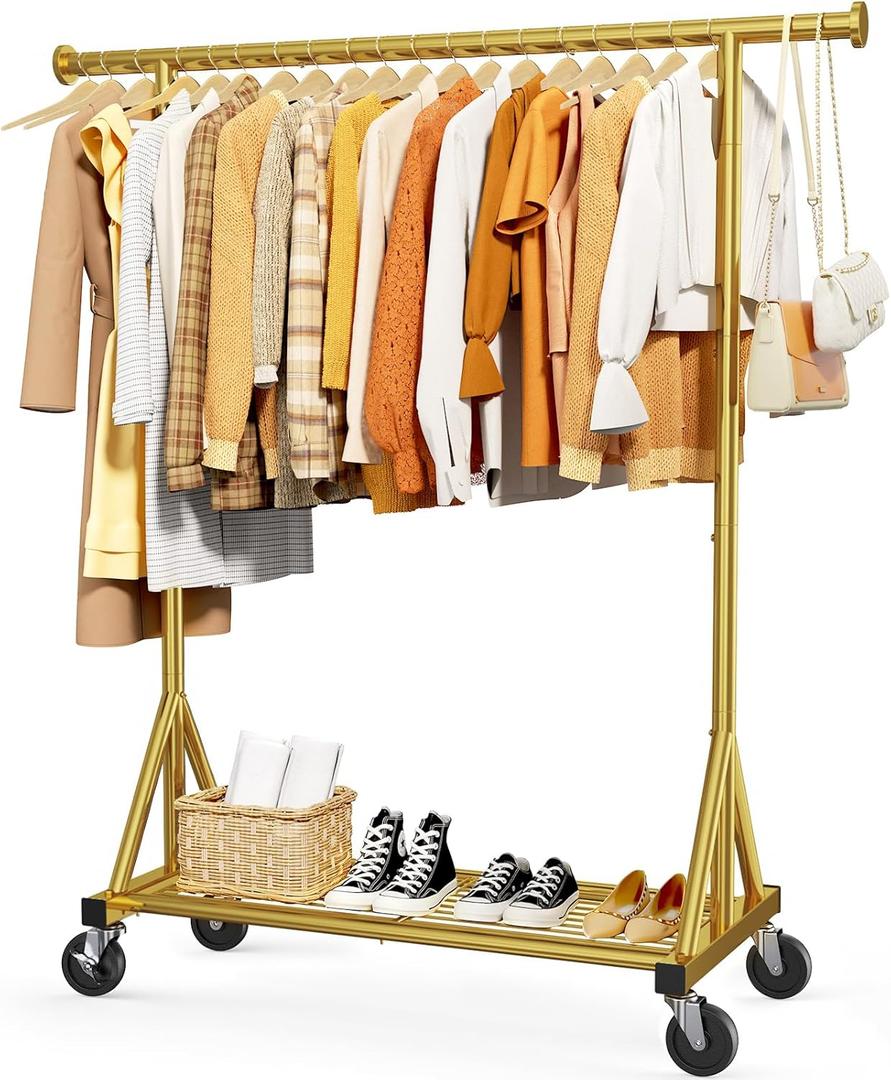 Heavy Duty Stainless Steel Rolling Clothes Rack with Mesh Shelf, Lockable Wheels & Anti-Slip Stoppers, Large Capacity Clothing Organizer for Bedroom, Laundry Room, 42.5" x 16.5" x 65.9", Gold