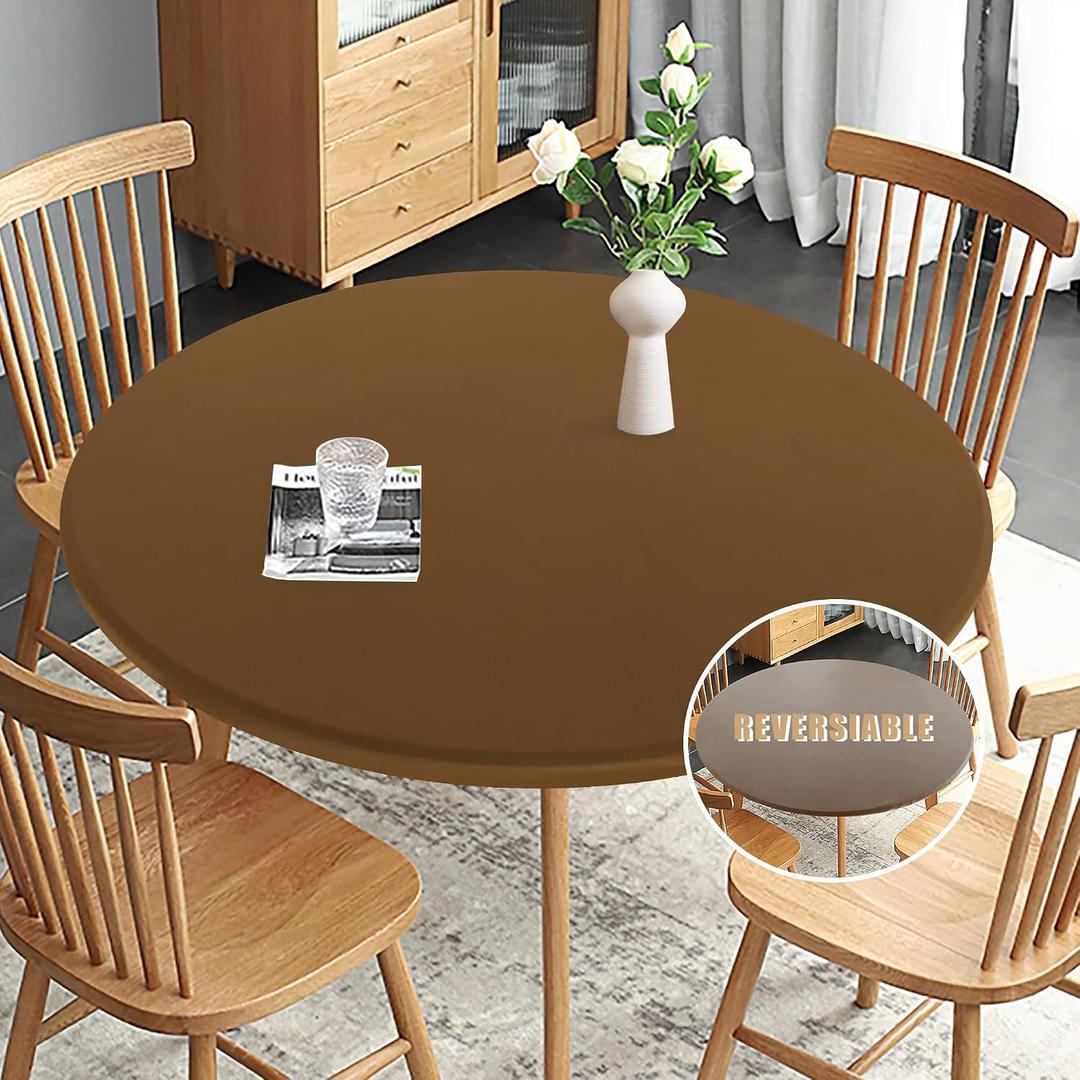 Obstal Fitted Round Table Cloth, Reversible Waterproof Stain Resistant Elastic Stretch Tablecloth, Wipe Clean Table Cover for Outdoor/Indoor Use, Fits Round Tables up to 48" - 56" Diameter, Coffee