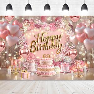 Homewelle Pink Happy Birthday Backdrop 7Wx5H Feet Polyester Fabric Balloon DiamondSparkle Fluid Lights Flower Gifts Cake Decoration for Girls Princess Women Photography Background Photo Shoot Props