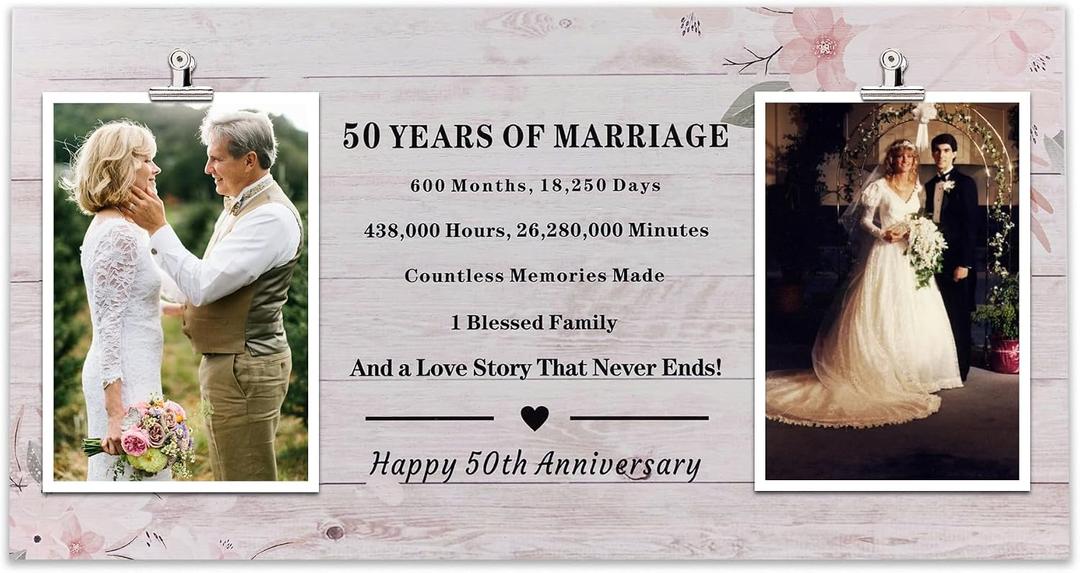 50 Years Anniversary Wedding Gift Couple,Then & Now Anniversary Picture Frame, Happy 50th Anniversary Keepsake for Parents, 50 Years of Marriage Wood Photo Frame Gift Holds Two 4x6 Inches Photos, 8x15