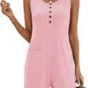 Rapbin Rompers for Women 2025 Summer Casual Sleeveless Scoop Neck Short Jumpsuits Loose Fit Button Overalls with Pockets (Large, Pink)