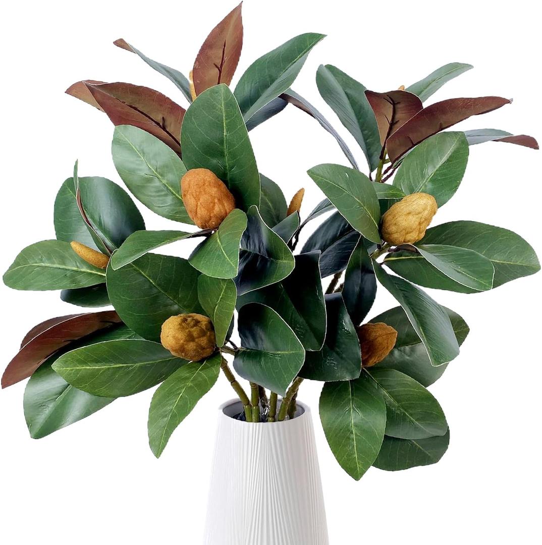 Pack of 4 - Faux Magnolia 32 Inch Long Artificial Magnolia Leaves Branches Fall Greenery 3D Plastic Printing Houseplant Plant for Indoor Outdoor Home Wedding Centerpiece Decor (Green - Pack of 4)