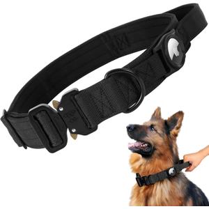 1.5’’ Wide Tactical Large Dog Collar with Airtag Holder (Black, L)