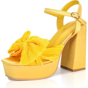 KHPAERMEI Bow Knot Platform Heels for Women Fashion Open Toe Chunky Heeled Sandals Ankle Strap Wedding Party Dress High Heels (7, Yellow)