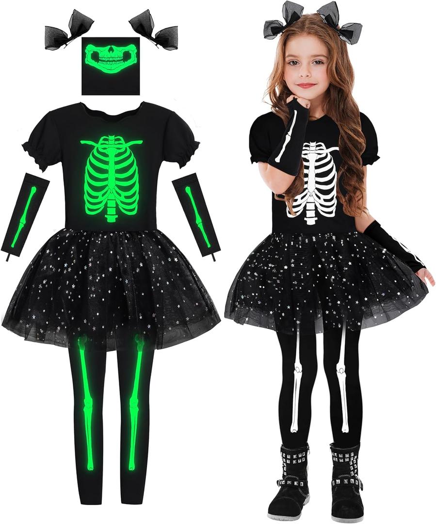 AOTHSO Halloween Girls Glow In The Dark Skeleton Costume Tutu Onesie Dress Sleeves Leggings Face Cover Hair Clips for Kids (XX-Large, Black)