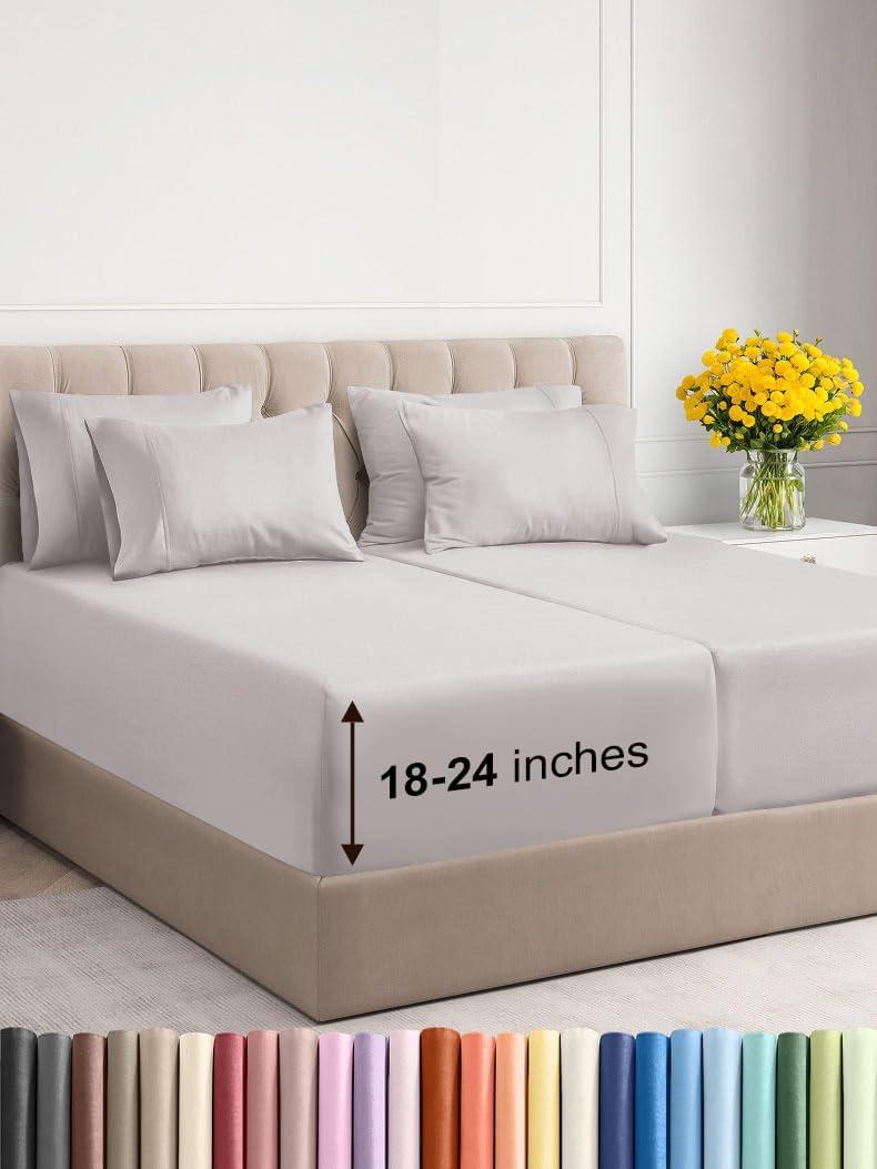 Extra Deep Split King Sheet Set - 7 Piece Breathable & Cooling Sheets - Hotel Luxury Bedding Set w/18-24 Inch Extra Deep Pockets - Easy Fit, Soft, Wrinkle Free & Comfy - Light Grey, Split King Size