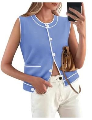 Yousify Womens Knit Tank Tops 2025 Summer Sleeveless Sweater Vest Round Neck Button Down Casual Cardigan with Pockets. Size XXL