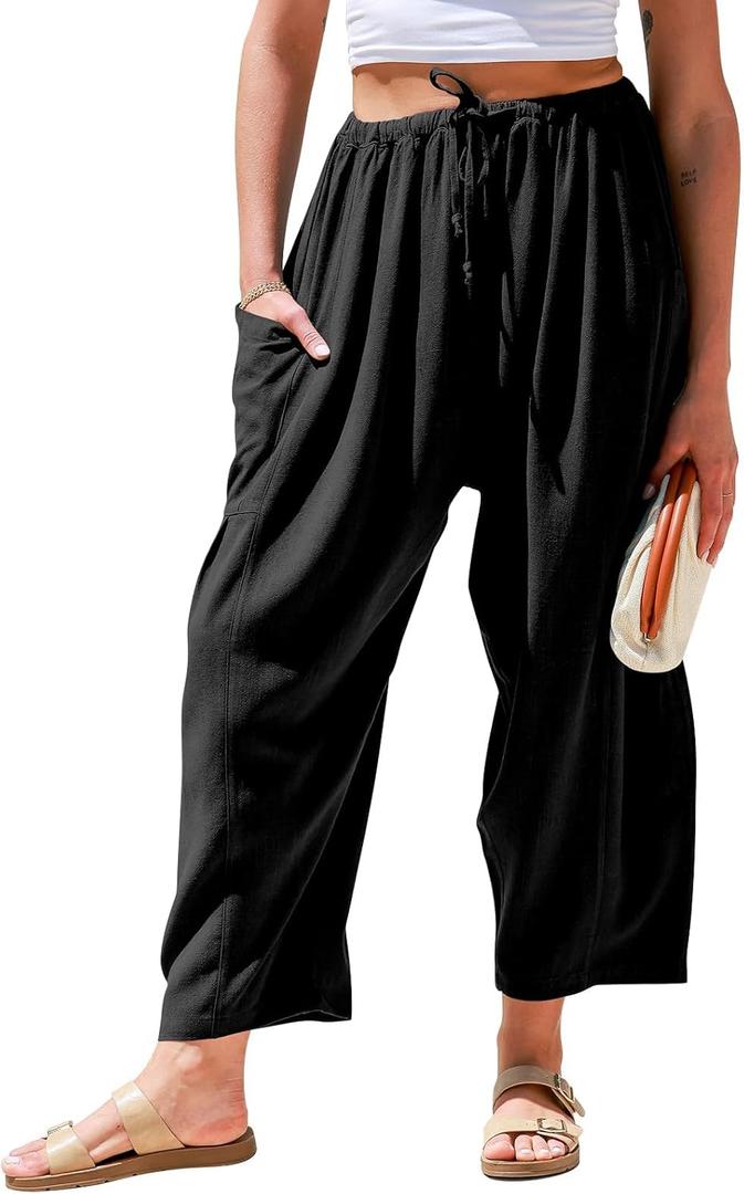 TARSE Womens Linen Wide Leg Pants Casual Loose Drawstring Summer Beach Travel Vacation Palazzo Harem Pants with Pockets (Large, Black)