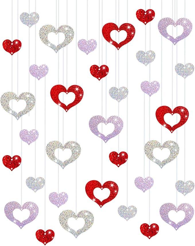 Valentine's Day Decorations Glitter Heart Swirls Hanging Decorations Foil Red Pink Silver Hearts Swirls Ornaments for Tree Ceiling Bridal Shower,Wedding,Engagement, 15pcs
