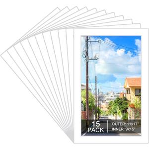 15 Pack 11x17 White Picture Mats, Frame Mattes for 9x15 Pictures Photo Frame Mat Core Bevel Cut Mat Board Show Kit for Photos, Prints, Artworks