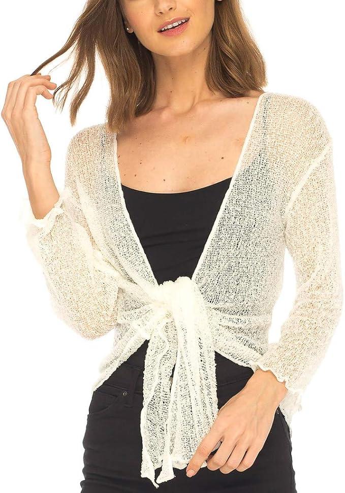 SHU-SHI Women’s Sheer 3/4 Sleeve Shrug Lightweight Mesh Knit Dressy Summer Cover Up, Open Front or Tie​​ Off-white (One size)