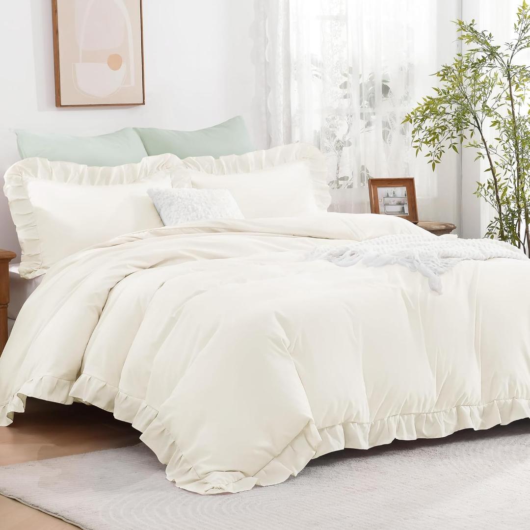 Andency Ivory Ruffle Duvet Cover Full(79x90Inch), 3 Pieces Cream Soft Washed Polyester Vintage Shabby Chic Farmhouse Ruffled Duvet Cover Set with Zipper Closure & Corner Ties (08-solid-ivory)