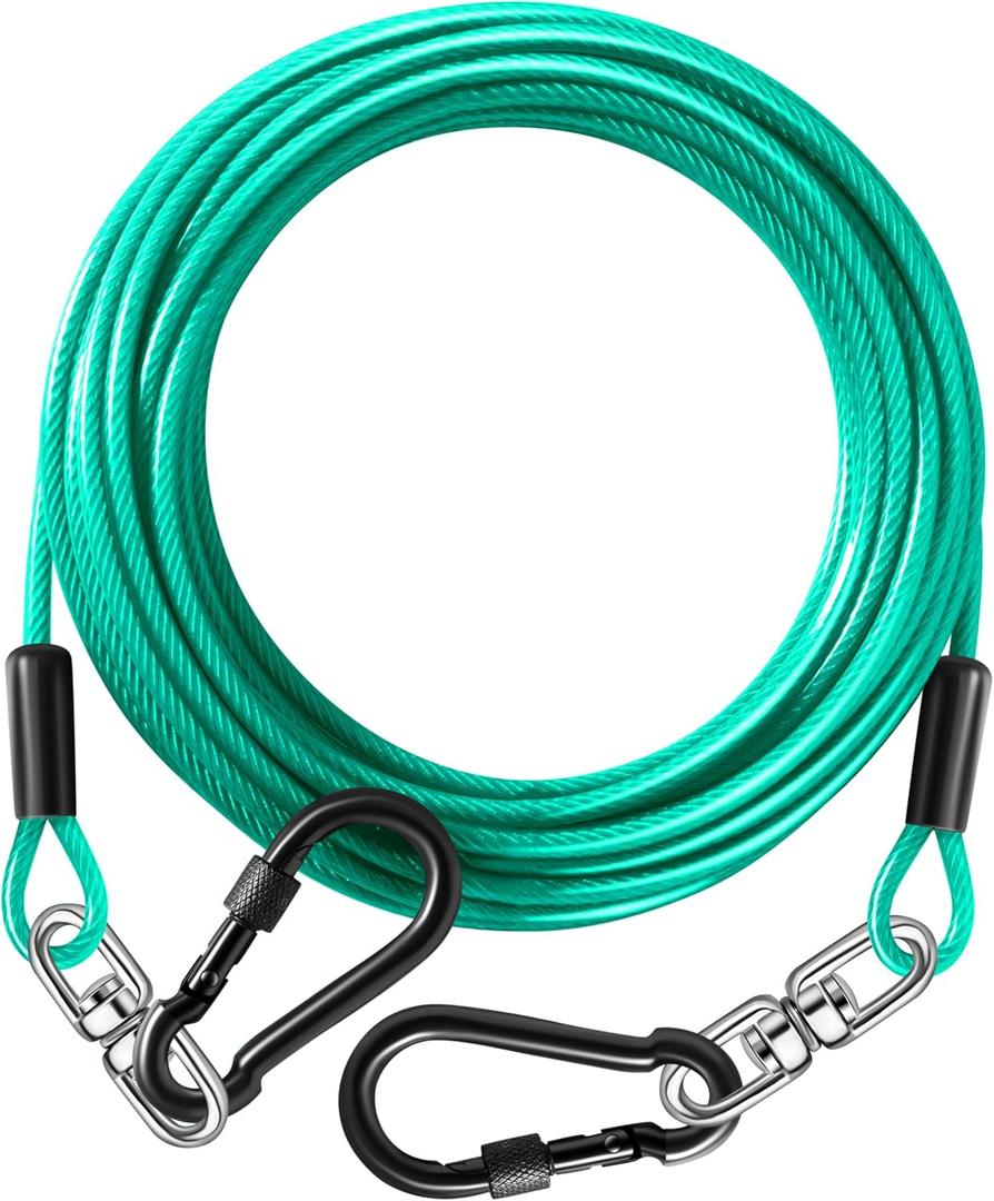 Dog Tie Out Cable 15FT-300Lbs,Heavy Duty Dog Leads&Tether for Yard with Swivel Hook,Small Large Dogs Leash Line for Outside,Rust Chew Proof Dogs Run Cable for Outdoor Camping (Green Cyan, 15FT)