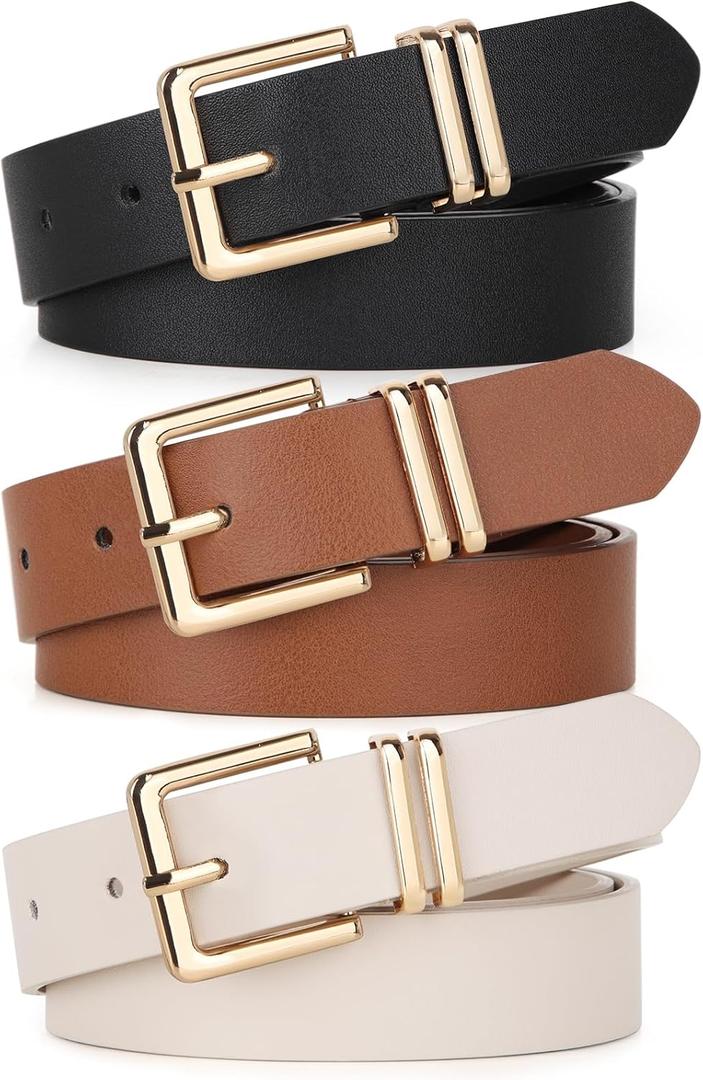Pack 3 Women Belts for Jeans Pants, Fashion Gold Buckle Leather Belts