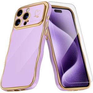 QVLANG for iPhone 15 Pro Case, Cute Wave Frame Curly Case, Plating Edge Soft Cover with Love Heart [1x Screen Protector] Soft TPU with[Full Camera Protection] Phone Cases for Women Girls, Lavender