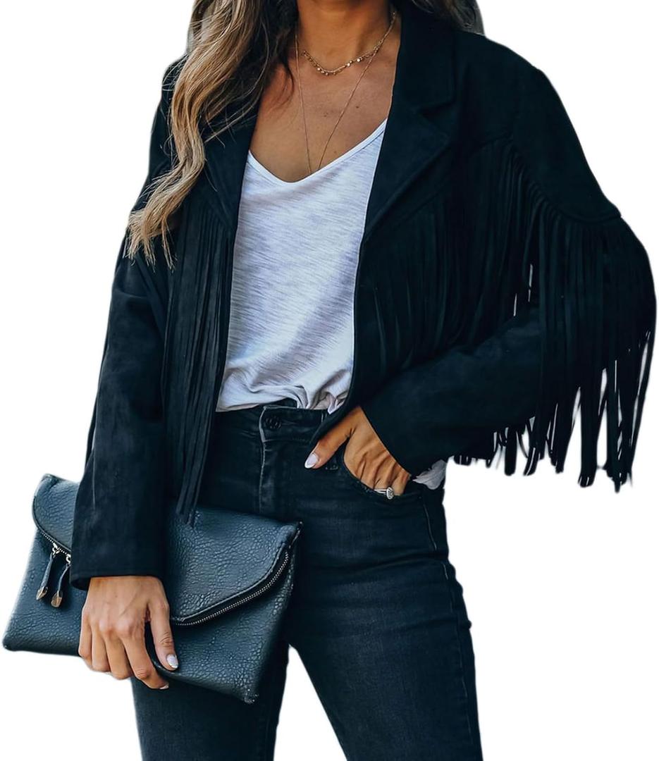 Faux Suede Leather Jackets For Women Trendy Fall Western Fringe Cropped Jacket 2025 Tassel Motorcycle Crop Coats (Small, Black)