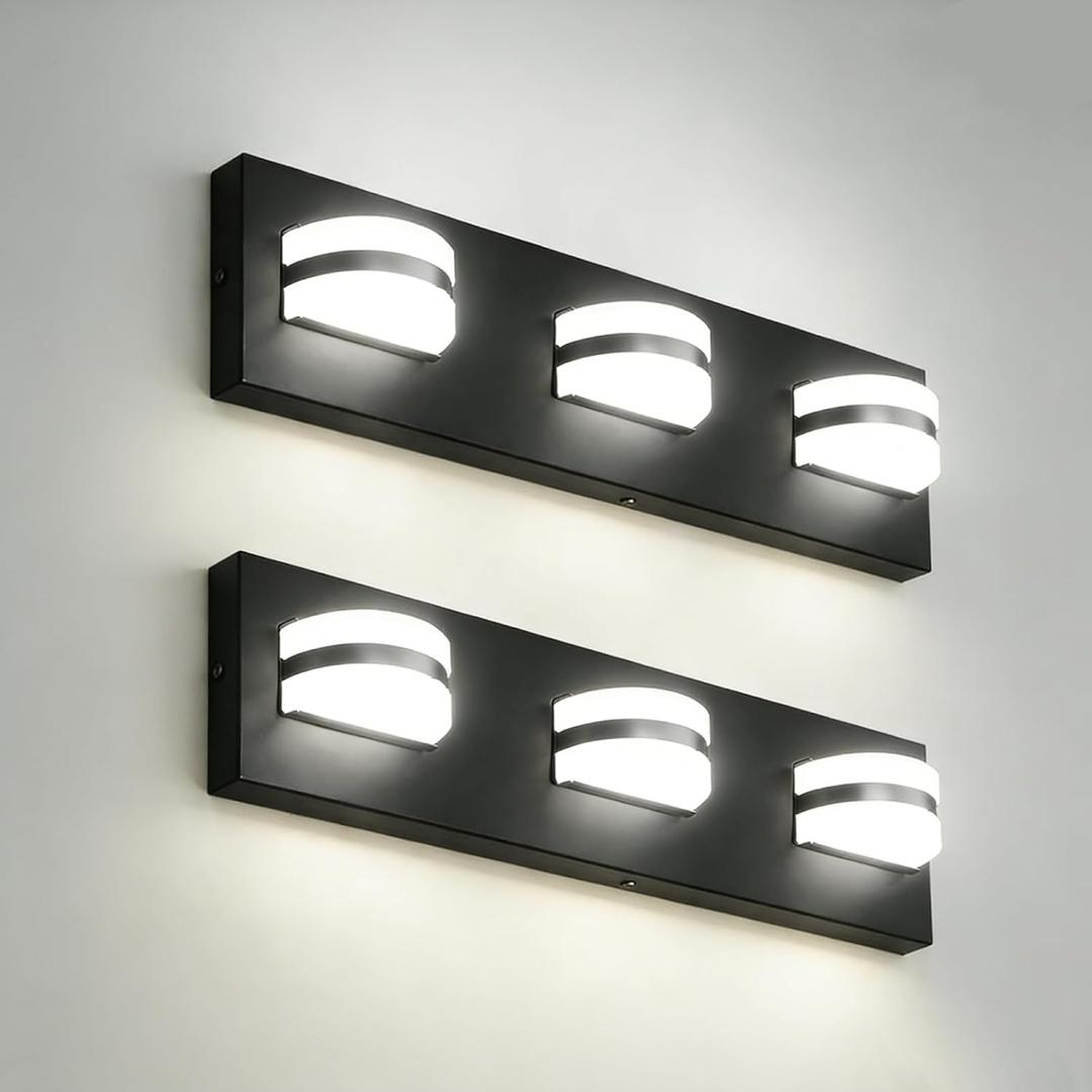 LED Dimmable Bathroom Vanity Light Fixtures, 1550LM 3 Light, Black Modern Matte Bathroom Lighting, Over Mirror Vanity Lights for Bathroom, Living Room, Bedroom ETL Certified, 3 Light-19in-2pack
