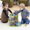 Jasey's Toy Chest Wooden Busy Wheels Garage Playset | 3-Level Wooden Garage with Elevator, Car Wash, Gas Station & Helipad + 2 Cars & 1 Helicopter | for Children Ages 3+, Child-size