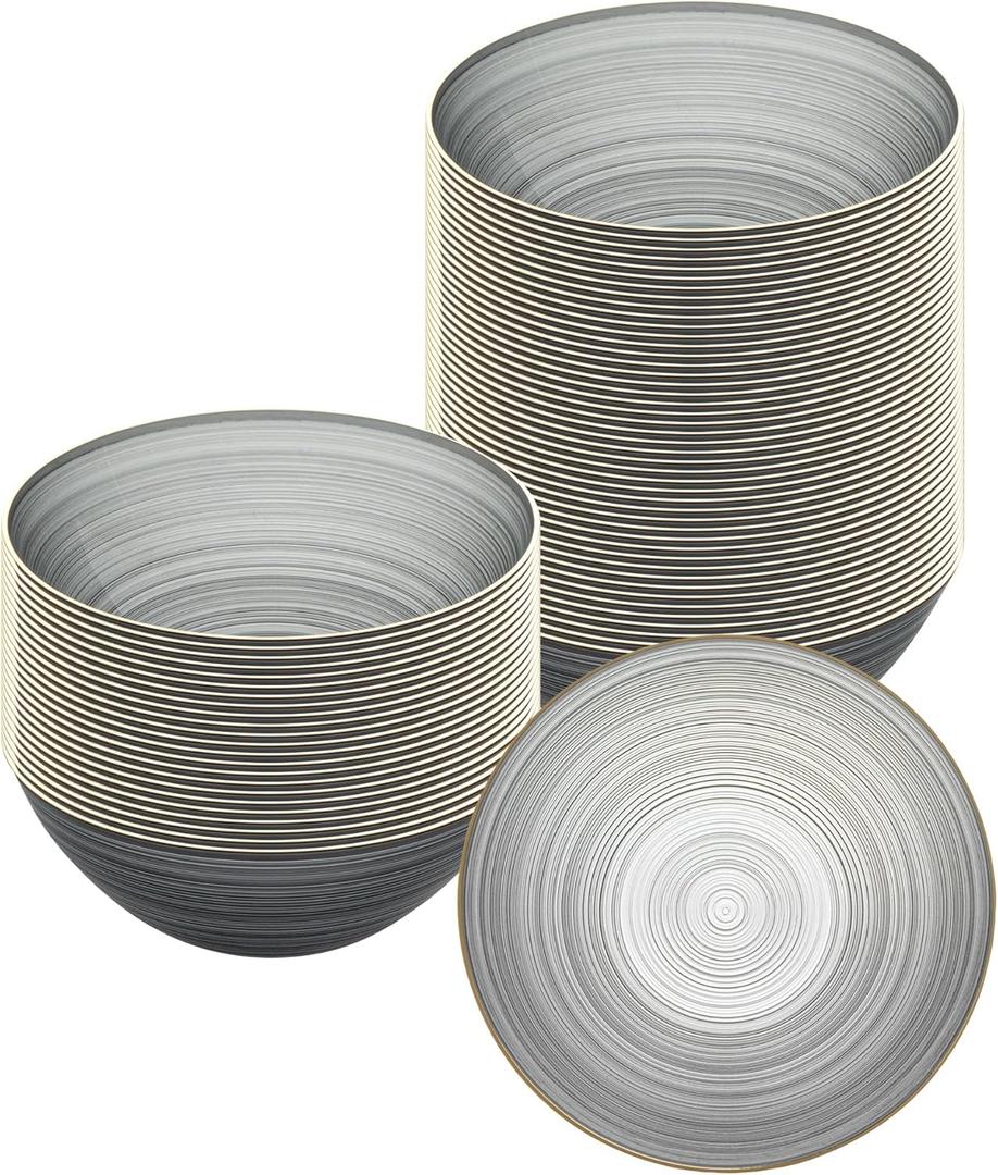 Restaurantware Plastic Bowls 20 Pcs 16 oz Gold Rimmed Disposable Soup Bowls Heavy-Duty Black Translucent Rippled Dinnerware Containers for Party, Desserts, Salads, Snacks, and Catering