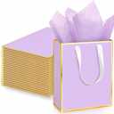 Yeaqee 24 Pack Metallic Paper Gift Bags with Handle and Tissue 9x7x3.1 Gold Foil Welcome Thank You Favor Bags Return Gifts for Wedding St. Patrick's 5 Senses Bridesmaid Birthday(Lavender, Gold)