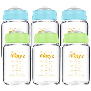 Matyz Glass Breastmilk Storage Bottles, 6 Pack, 6 oz, Sturdy Glass Bottle for Milk Freezing and Baby Feeding - Pumping Bottle for Philips Medela Spectra Breast Pumps - No BPA (3 Green & 3 Blue Lids)