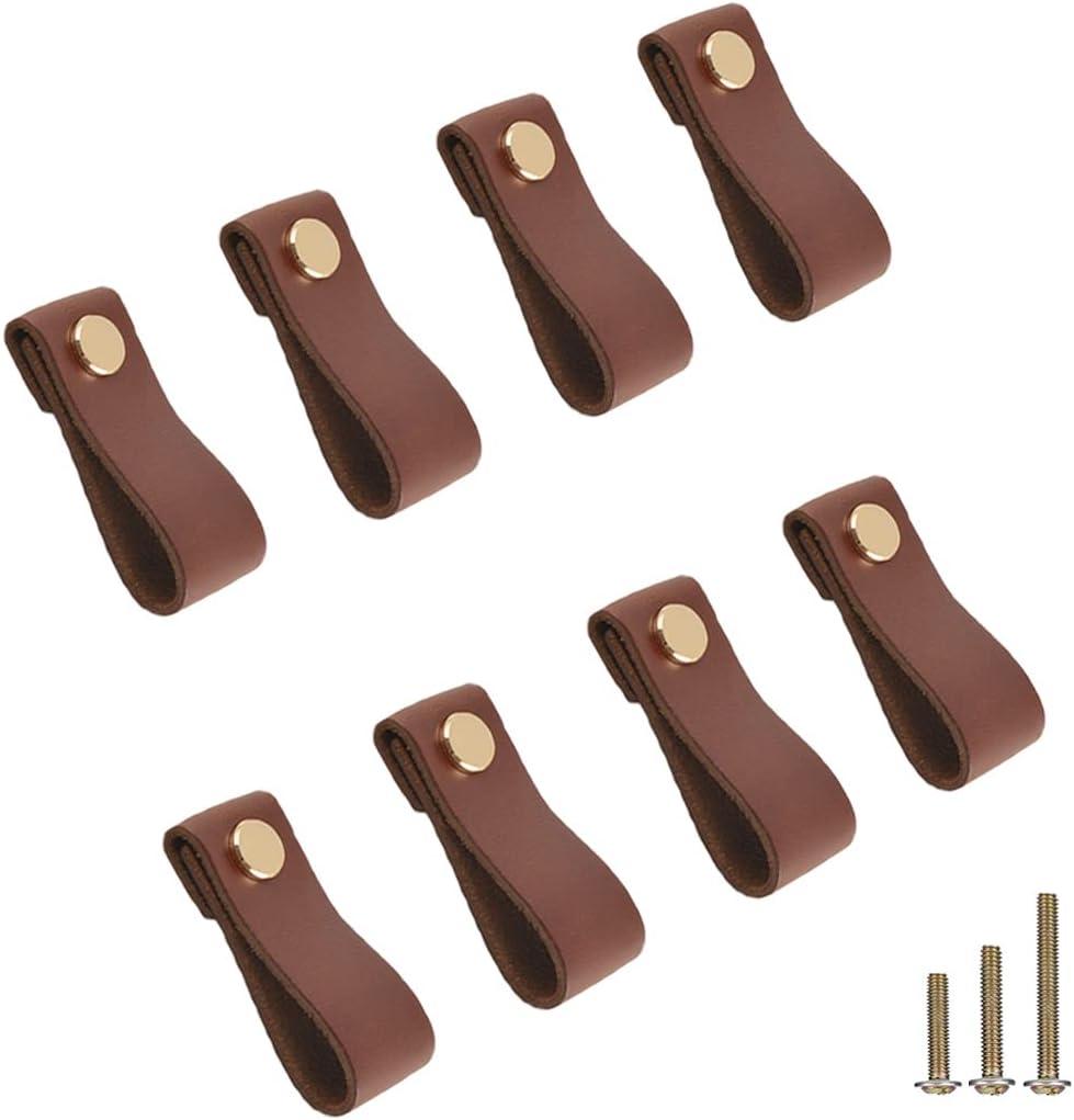 yusheng 8 Pack Soft Genuine Leather Drawer Pulls Handle, Wardrobe Cabinets Kitchen Closet Knobs Door Pulls Handles knobs with Screws, Home Decoration, Handmade (8 Pack, 2.6" Single Hole - Brown)