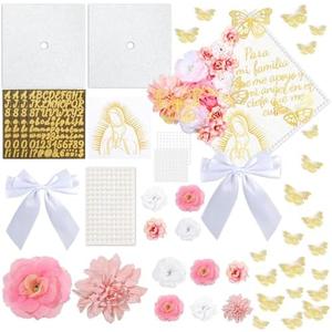 55 Pcs Virgin Mary DIY Graduation Cap Decorations Faux Assorted Pink Flowers Virgin Mary Sticker 3D Butterflies Bow Glitter Alphabet Letter Number Decal for DIY Hat Grad Cap Topper Grad Party Supplies