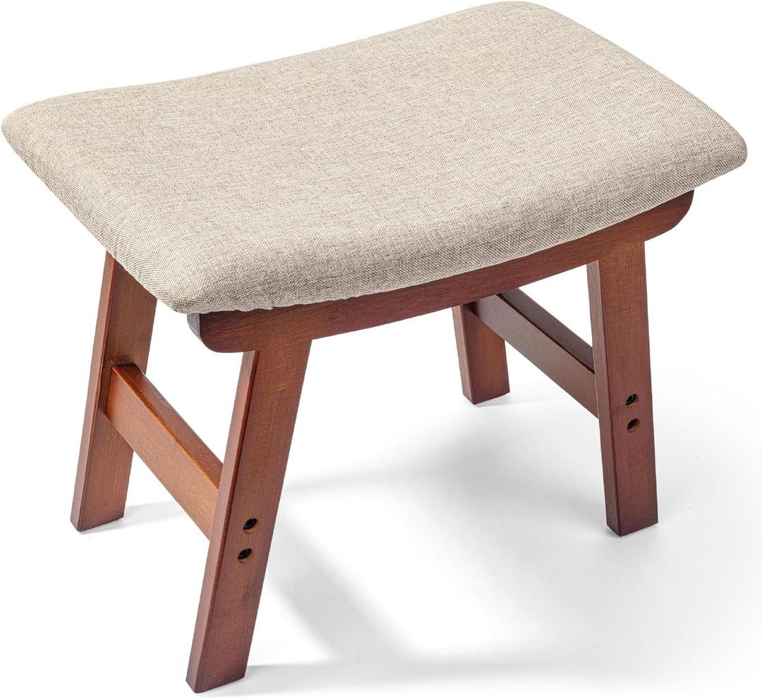 BAMBOO LAND- Bamboo Foot Stools Ottoman, Beige Cushion & Brown Wood Legs, Small Ottoman Foot Rest for Couch