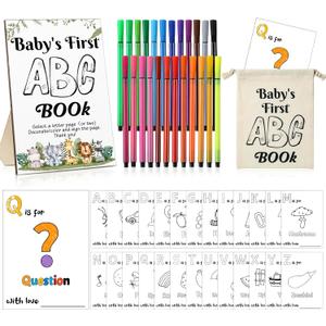 Geelin 51 Pcs Fun Baby Shower Coloring Kit First Abc Book Sign Guest Book Alternative 26 Alphabet a to Z Coloring Card with 24 Watercolor Storage Bag for Party Activities Decorations(Safari)