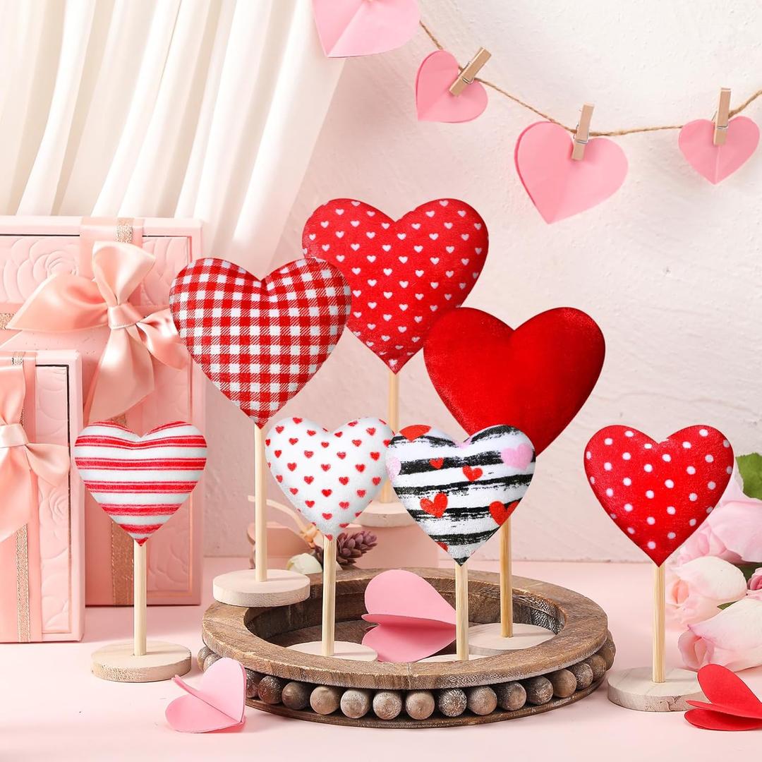 Wenqik 7 Pcs Valentines Day Decorations Flocked Heart Table Decor Velvet Heart Wooden Sign Tall Standing Love Tabletop Centerpieces Valentines Day Decor for Home Table Shelf Tiered Tray Indoor