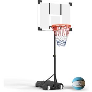 Pool Basketball Hoop, Height Adjustable 3.9" to 6.9", Black Steel Frame, Water Base, Includes Air Pump, 8-Inch Rubber Ball, Indoor & Outdoor Use