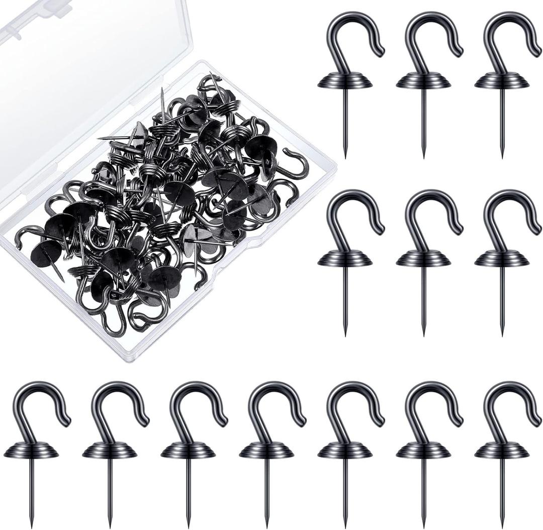 Hotop 60 Pieces Push Pin Wall Hooks Metal Thumb Tack Hangers Iron Alloy Nail Decorative Picture Hooks for 20 Lbs Home Office School Party Supply (Black)