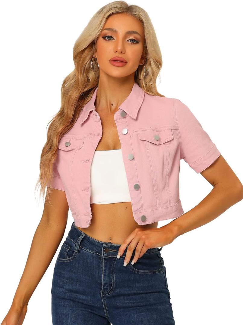 Allegra K Casual Denim Jacket for Women Short Sleeves Crop Jean Denim Jacket (Pink, Small)