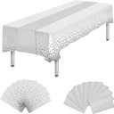 20 Packs Disposable Plastic Tablecloth and Satin Table Runner, White and Silver Disposable Table Cloth Rectangle Table for Baby Shower Birthday Engagement Anniversary Retirement Party Decorations
