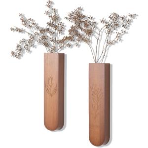 Wood Wall Vase Set of 2, 11.6 x 2.52 x 1.37 inch for Dried Flowers and Faux Greenery Plants for Bathroom, Kitchen, Farmhouse, Dining Room Wall Decor Brown