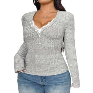 Verdusa Women's Plus Size Lace Basic Tees Long Sleeve Shirts Button Up Trendy Fall Tops (X-Large Plus, Grey)