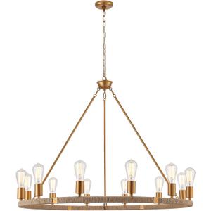 12-Lights Wagon Wheel Chandelier Bohemia Hand Woven Rattan Chandelier Farmhouse Large Pendant Light for High Ceilings Living Room Dining Room, Brass, Dia 42 Inch, UL Listed