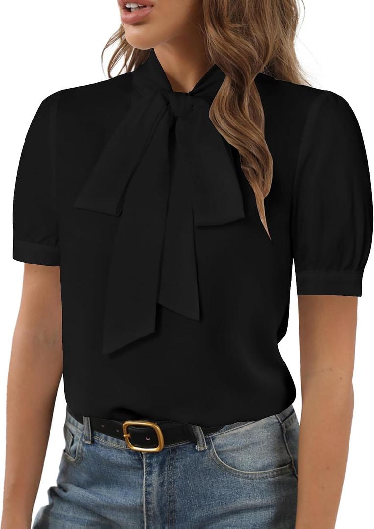 Rooscier Women's Bow Tie Neck Short Sleeve Dressy Blouse Elegant Business Casual Shirt Top, L