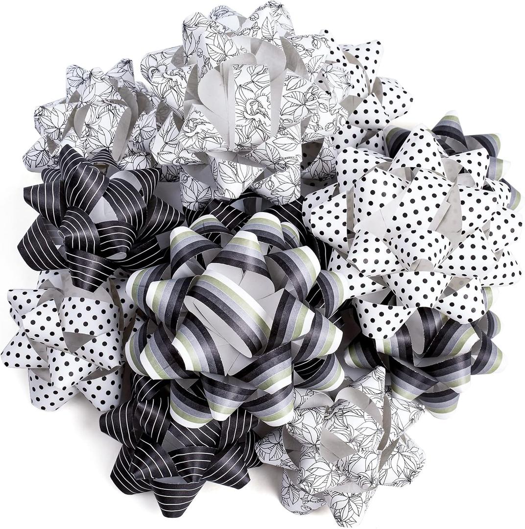 WRAPAHOLIC 12Pcs Kraft Paper Gift Bows Assortment - Chic Black Floral Design for Wedding, Birthday, Christmas, Baby Shower, Bridal Shower