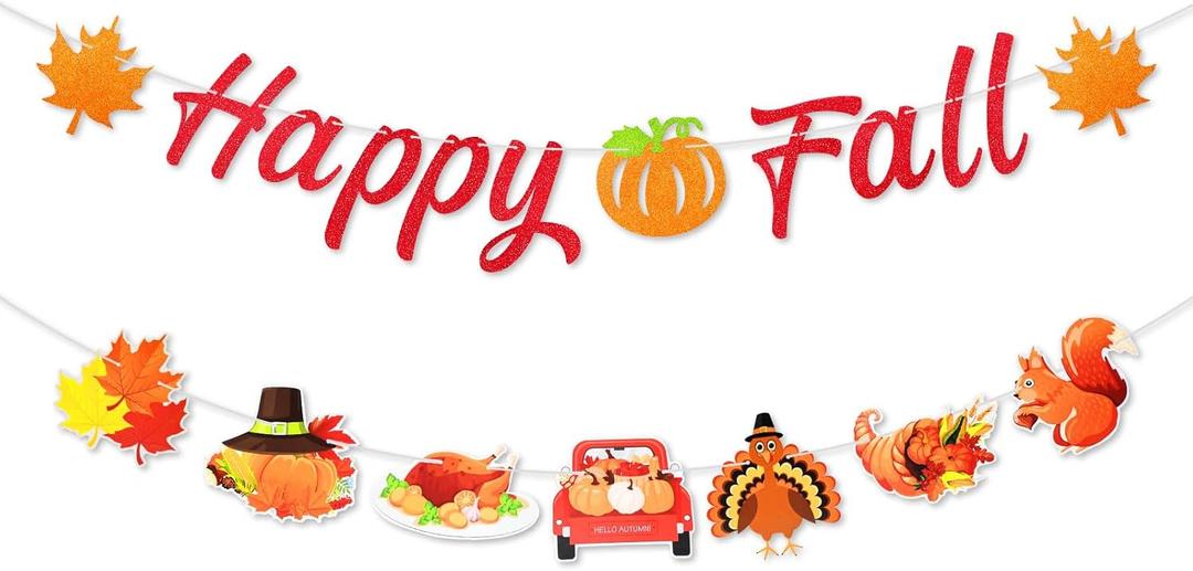 Happy Fall Banner Thanksgiving Decorations - Colorful Glitter Pumpkin Turkey Maple Sign Hanging Paper Garland Bunting Banner, Autumn Photo Backdrop Party Supplies for Wall Home Mantle Office Wall