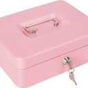 Cash Box with Lock and Money Tray Metal Money Box Large Cash Lock Box for Money 9.84" x 7.87" x 3.54" Pink