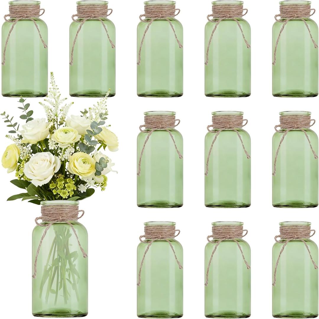 Vintage Glass Flower Vase, Farmhouse Glass Centerpiece Vases Mason Jars for Weddings, Parties & Home Decor Bulk (12, Green)