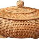 Round Rattan Boxes with Lid Hand-Woven Multi-Purpose Wicker Tray 8.6Inch Picnic Food Bread Table Storage Basket (22x13cm)