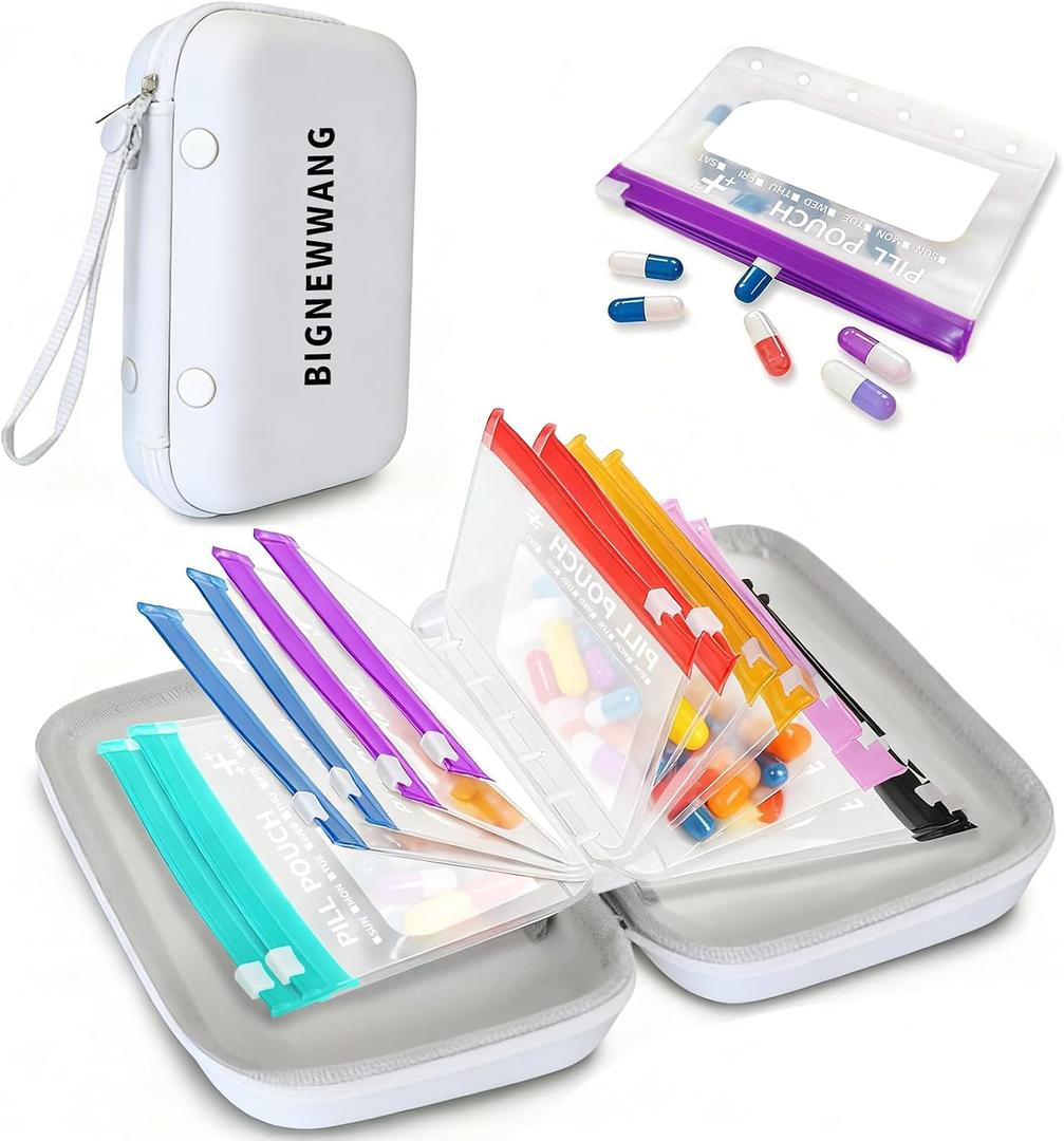 Extra Large Weekly Waterproof Pill Organizer Set, Reusable Pill Bags with 14 Coded AM PM Pouches for Home and Travel, 7 Day Portable Medicine Pill Case for Fish Oils, Vitamins and Daily Meds (White)
