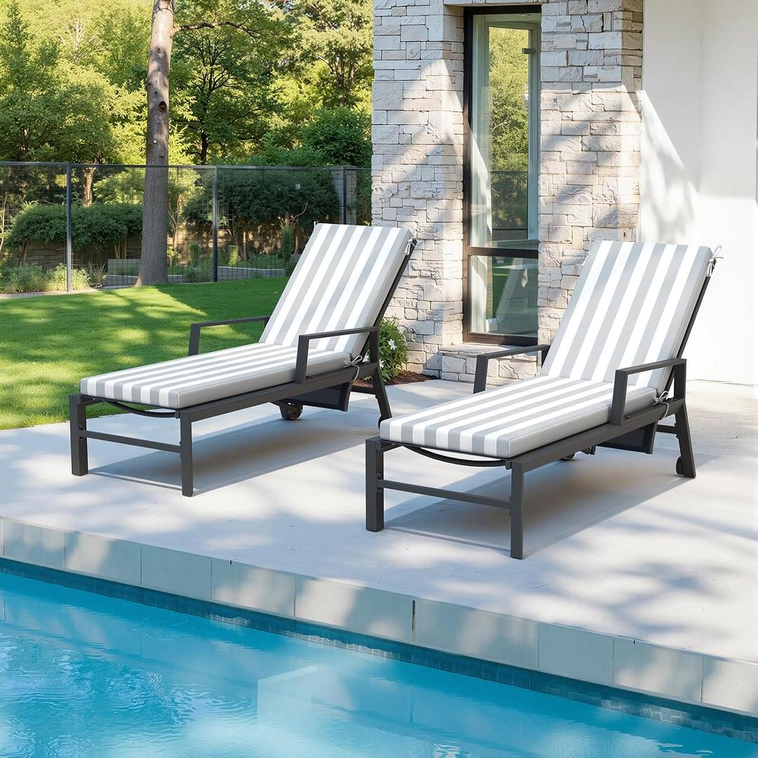 Crestlive Chaise Lounge Cushions Outdoor Set of 2, 80"x23", Waterproof | Pool Lounge Chair Cushions with Removable Cover, Fade Resistant Lounger Cushions for Patio Furniture, Gray on White