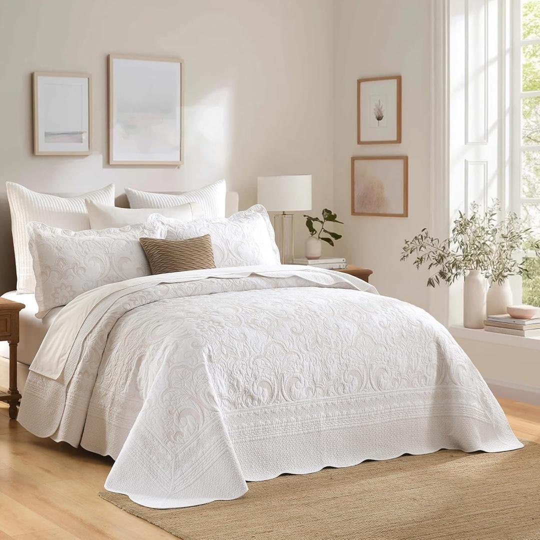 Oversized King Bedspreads 128x120 Extra Wide - California King Quilt Sets Oversized, 3PCS Floral Scrolls Pattern Embroidery Scalloped Edge Lightweight Bedspreads Coverlet Set, Cal King, Beige/White