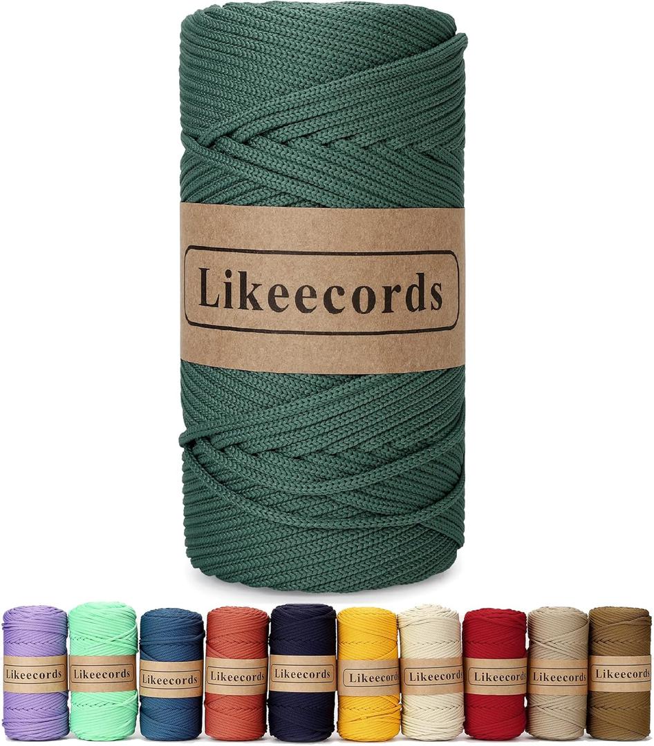 Likeecords 4mm Polyester Braided Macrame Cord 140Yards /426Feet,Elastic Yarn for Crocheting Bag Cord for DIY Crafts,Plant Hangers, Bag, and Home Decorations (Bean Green)